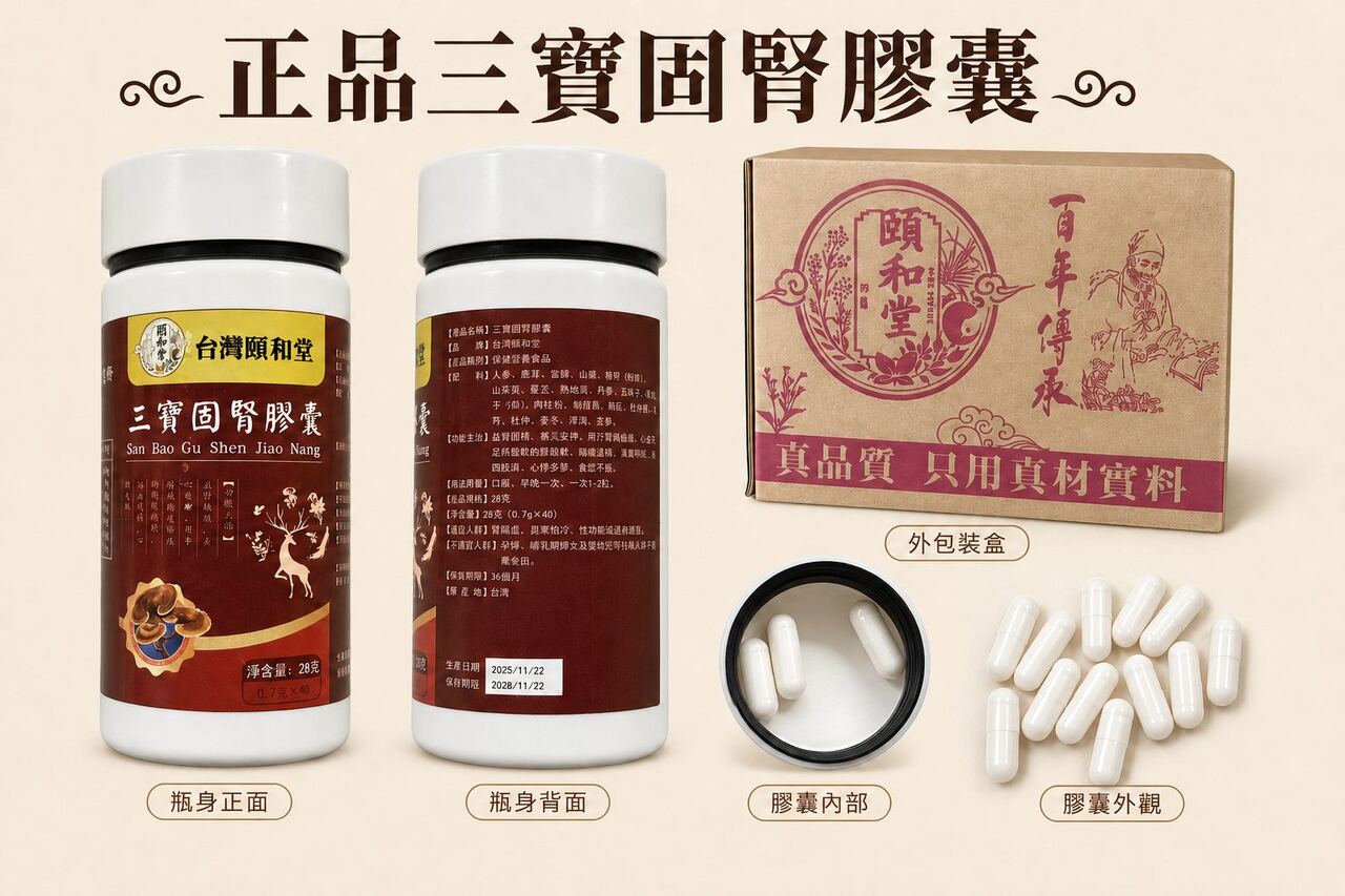 三寶固腎膠囊產品、包裝與白色膠囊實物